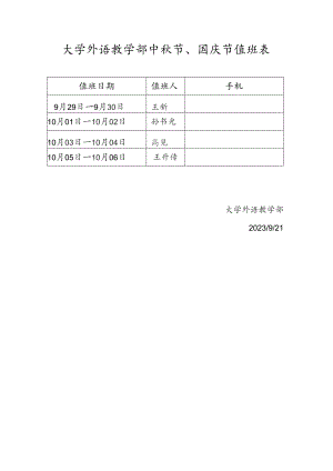 大学外语教学部中秋节、国庆节值班表.docx