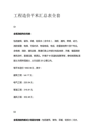 工程造价平米汇总表全套.docx