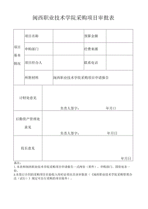 闽西职业技术学院采购项目审批表.docx