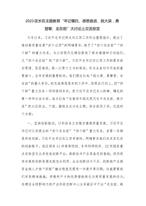 2023区长在主题教育“牢记嘱托、感恩奋进、挑大梁勇登攀、走在前”大讨论上交流发言.docx