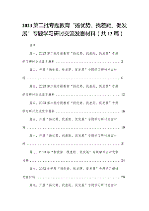 2023第二批专题教育“扬优势、找差距、促发展”专题学习研讨交流发言材料【13篇】.docx