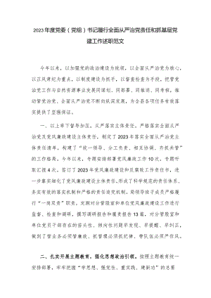 2023年度党委（党组）书记履行全面从严治党责任和抓基层党建工作述职范文.docx
