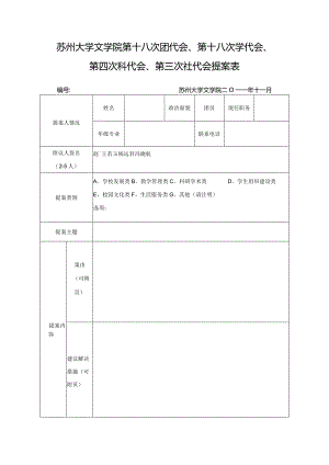 苏州大学文学院第十八次团代会、第十八次学代会、第四次科代会、第三次社代会提案表.docx