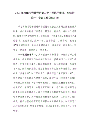 2023年度单位党委党组第二批“学思用贯通、知信行统一”专题工作总结汇报.docx