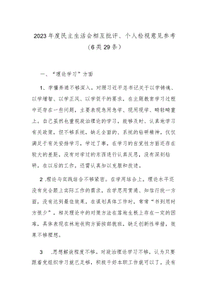 2023年度民主生活会相互批评、个人检视意见参考（6类29条）.docx