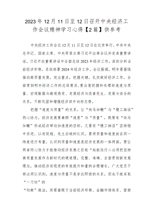 2023年12月11日至12日召开中央经济工作会议精神学习心得【2篇】供参考.docx