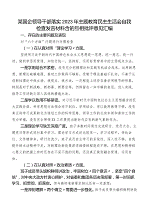 某国企领导干部落实2023年集中教育民主生活会自我检查发言材料含的互相批评意见汇编.docx