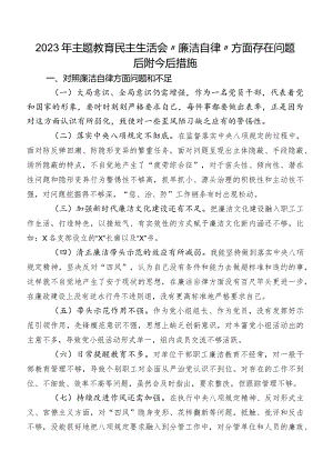 2023年学习教育民主生活会“廉洁自律”方面存在问题后附今后措施.docx