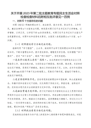 关于开展2023年第二批集中教育专题民主生活会对照检查检查材料后附相互批评意见一百例.docx