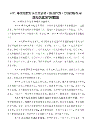2023年专题教育民主生活会“担当作为”方面的存在问题附改进方向和措施.docx