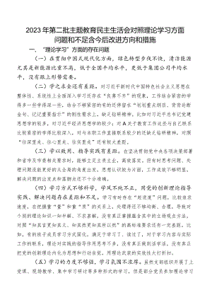 2023年第二批专题教育民主生活会对照理论学习方面问题和不足含今后改进方向和措施.docx