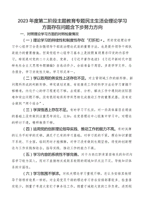 2023年度第二阶段学习教育专题民主生活会理论学习方面存在问题含下步努力方向.docx