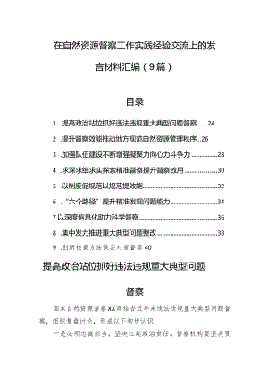 在自然资源督察工作实践经验交流上的发言材料汇编（9篇）.docx