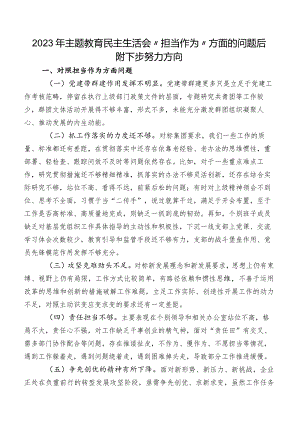 2023年专题教育民主生活会“担当作为”方面的问题后附下步努力方向.docx