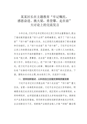 某某区长在主题教育“牢记嘱托、感恩奋进、挑大梁勇登攀、走在前”大讨论上的交流发言.docx