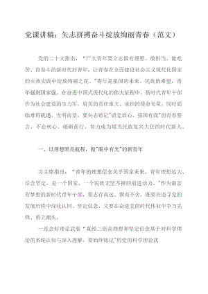 党课讲稿：矢志拼搏奋斗绽放绚丽青春（范文).docx