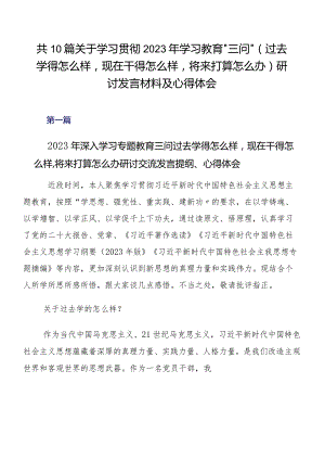 共10篇关于学习贯彻2023年学习教育“三问”（过去学得怎么样现在干得怎么样将来打算怎么办）研讨发言材料及心得体会.docx
