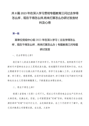 共8篇2023年在深入学习贯彻专题教育三问过去学得怎么样现在干得怎么样,将来打算怎么办研讨发言材料及心得.docx
