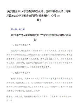 关于围绕2023年过去学得怎么样现在干得怎么样,将来打算怎么办学习教育三问研讨发言材料、心得（8篇）.docx