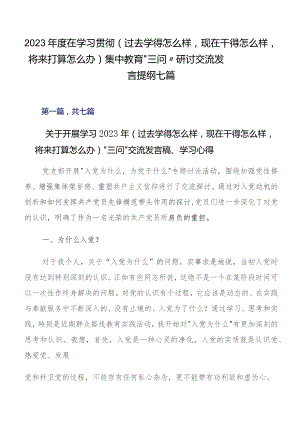 2023年度在学习贯彻（过去学得怎么样现在干得怎么样将来打算怎么办）集中教育“三问”研讨交流发言提纲七篇.docx