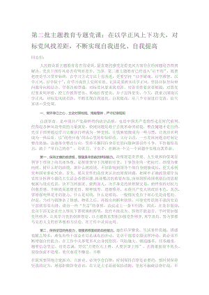 第二批主题教育专题党课：在以学正风上下功夫对标党风找差距不断实现自我进化、自我提高.docx