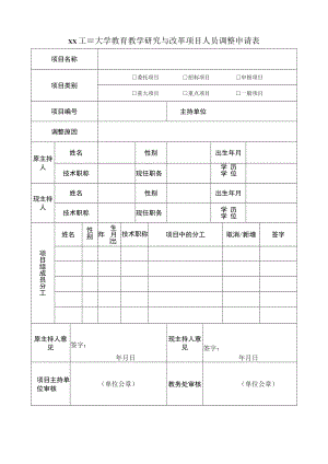 xx工程大学教育教学研究与改革项目人员调整申请表.docx