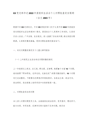 XX党支部书记2022年度组织生活会个人对照检查发言提纲(全文2683字）.docx