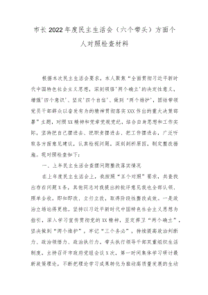 市长2022年度民主生活会（六个带头）方面个人对照检查材料.docx