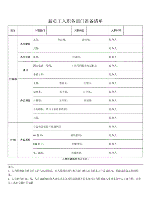 新员工入职各部门准备清单.docx
