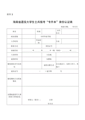 海南省退役大学生士兵报考“专升本”身份认证表.docx