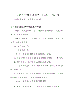 公司企业财务经理2018年度工作计划.docx