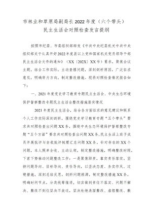 市林业和草原局副局长2022年度（六个带头）民主生活会对照检查发言提纲.docx
