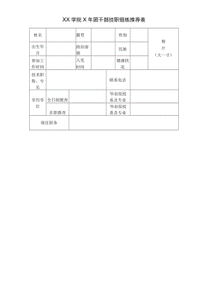 XX学院X年团干部挂职锻炼推荐表.docx