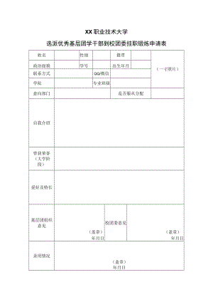 XX职业技术大学选派优秀基层团学干部到校团委挂职锻炼申请表.docx