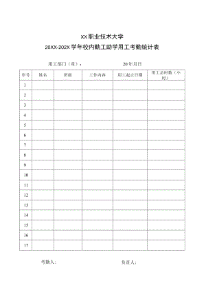 XX职业技术大学X学年校内勤工助学用工考勤统计表.docx