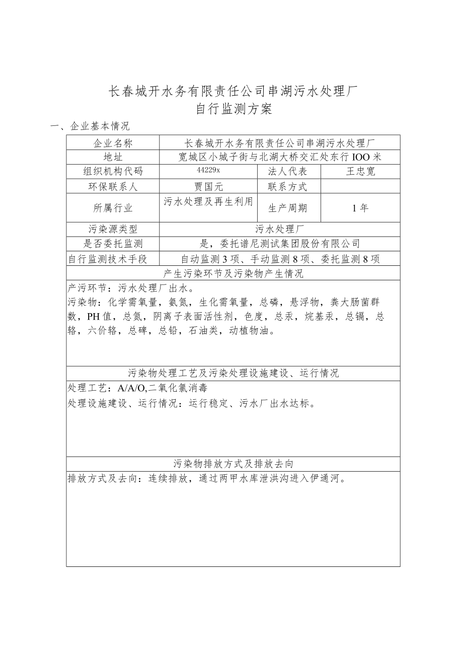 长春城开水务有限责任公司串湖污水处理厂自行监测方案.docx_第1页