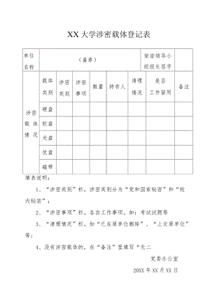XX大学涉密载体登记表.docx