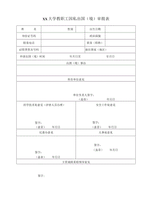 XX大学教职工因私出国（境）审批表.docx