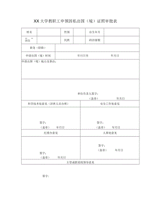 XX大学教职工申领因私出国（境）证照审批表.docx
