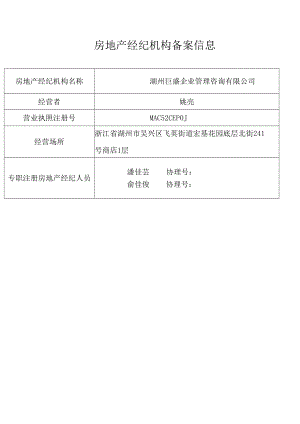 湖州巨盛企业管理咨询有限公司房地产经纪机构备案信息.docx