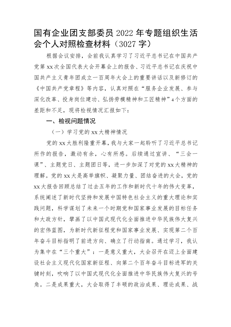 国企团支部委员2022年专题组织生活会个人对照检查材料.docx_第1页