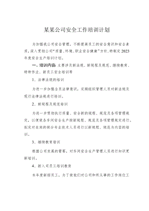 某某公司安全工作培训计划.docx