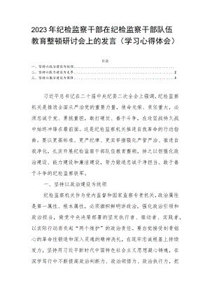 2023年纪检监察干部在纪检监察干部队伍教育整顿研讨会上的发言（学习心得体会）.docx