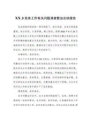 XX乡党务工作有关问题清查整治总结报告.docx