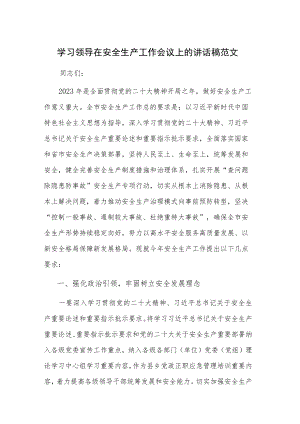 学习领导在安全生产工作会议上的讲话稿范文.docx