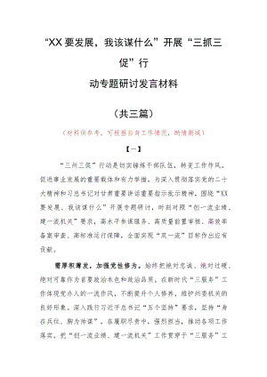 2023年“XX要发展、我该谋什么”三抓三促专题大讨论研讨党员心得感想（共3篇）.docx