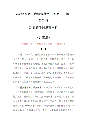 2023年“XX要发展、我该谋什么”三抓三促党员大讨论党员心得感想（共3篇）.docx