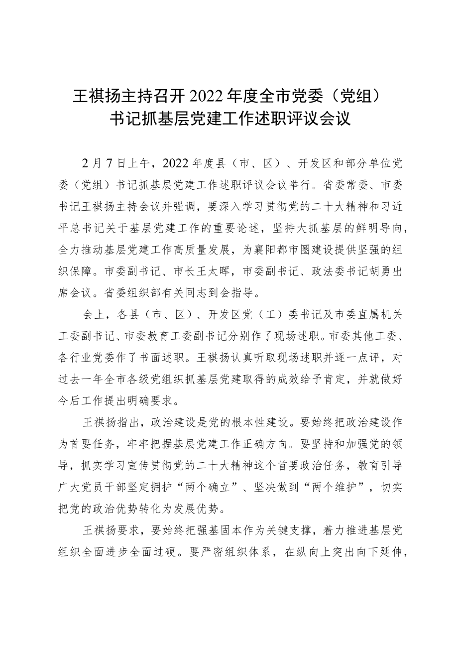 王祺扬在2022年度全市党委(党组)书记抓基层党建工作述职评议会议上的讲话精神.docx_第1页
