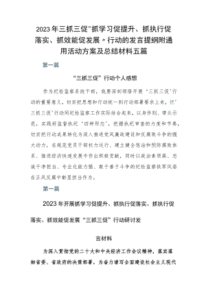 2023年三抓三促“抓学习促提升、抓执行促落实、抓效能促发展”行动的发言提纲附通用活动方案及总结材料五篇.docx