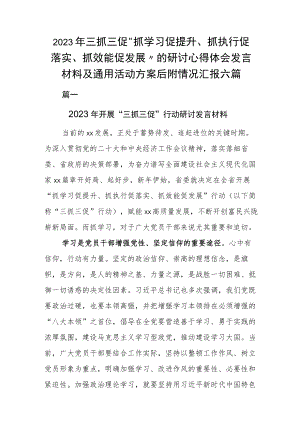 2023年三抓三促“抓学习促提升、抓执行促落实、抓效能促发展”的研讨心得体会发言材料及通用活动方案后附情况汇报六篇.docx